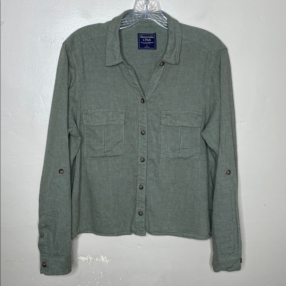 ABERCROMBIE & FITCH Indi Girl Grunge Linen Blend Green Cropped Shirt Large